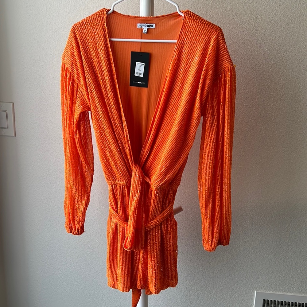 Fashion Nova Sparkly Orange Romper - Picture 3 of 8